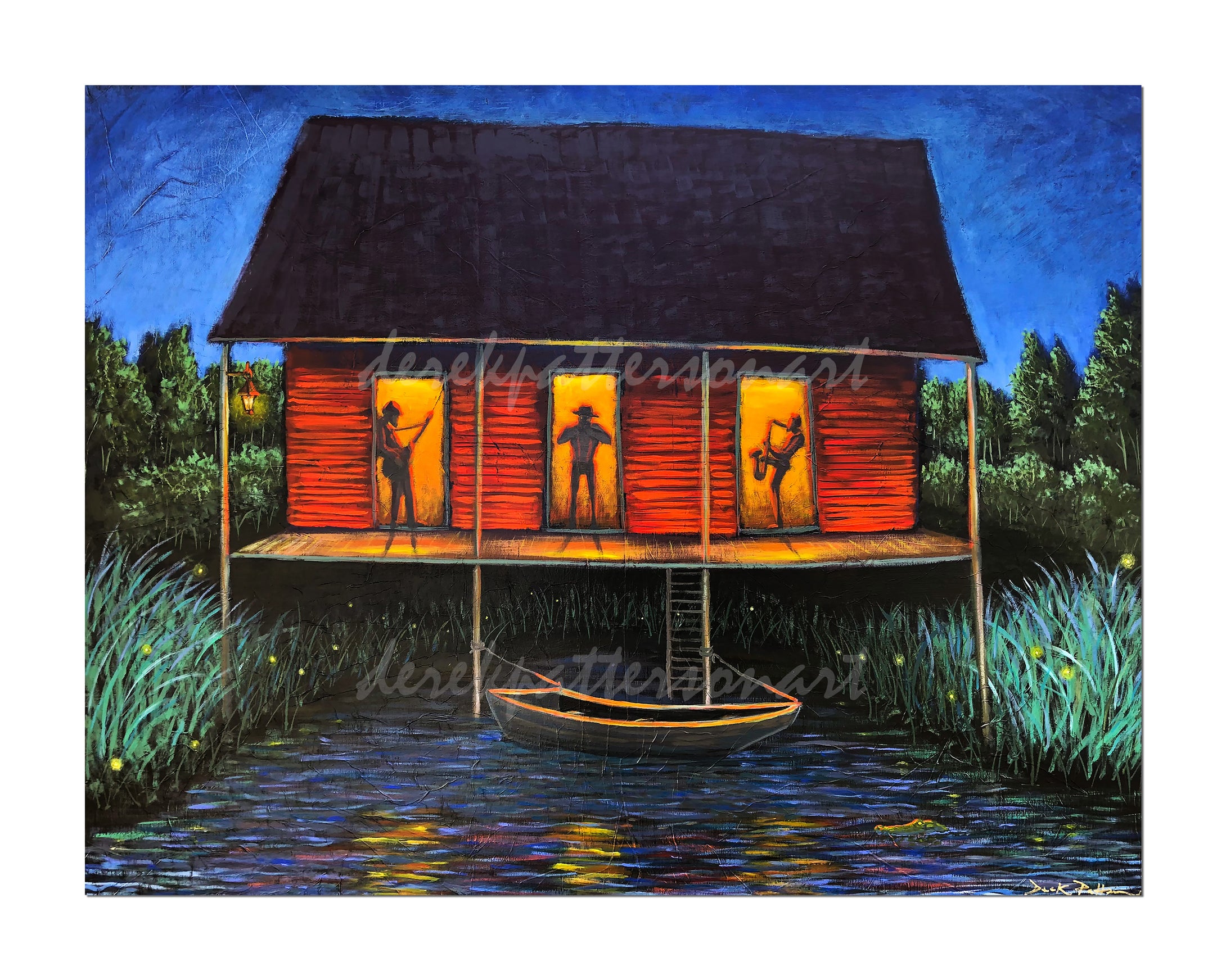 A print of an Acadian house at night with three figures playing music on the porch and a boat on the water.
