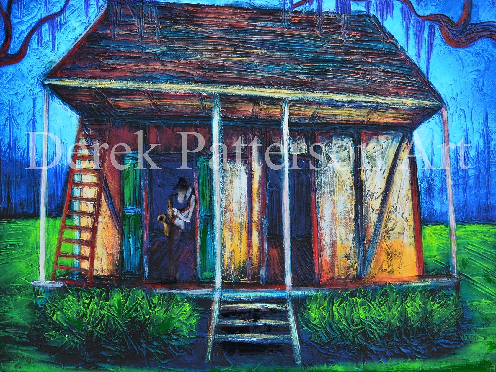 A print of an Acadian house with a an old saxophone player, depicted in vibrant colors against a dark background.