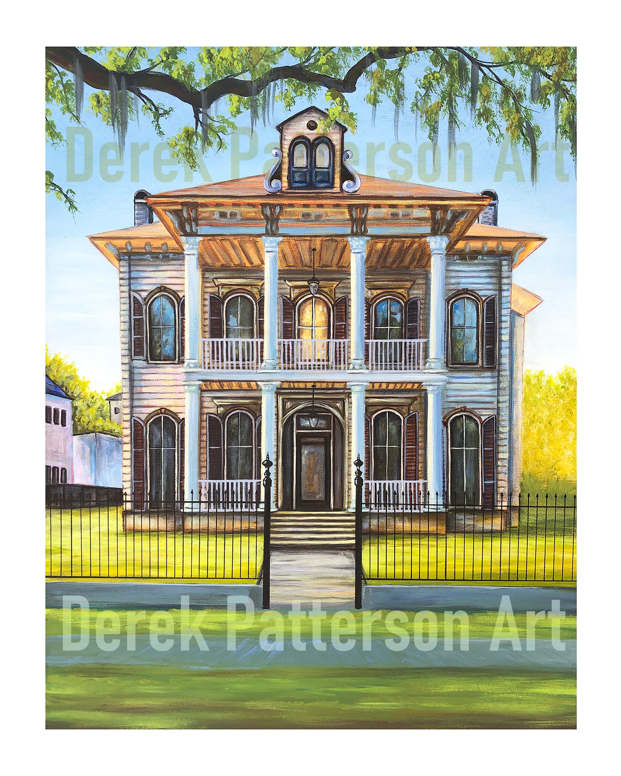 A printed artwork featuring Author Anne Rice's former two-story house with a porch and columned facade, set against a grassy background.