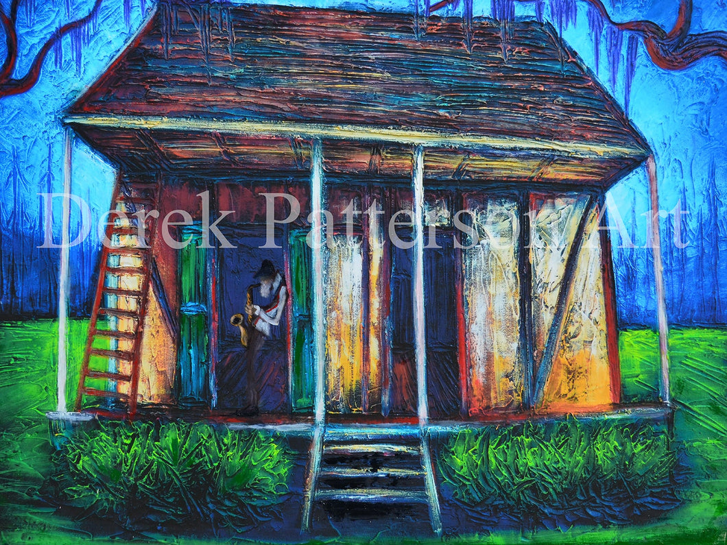 A print of an Acadian house with a an old saxophone player, depicted in vibrant colors against a dark background.